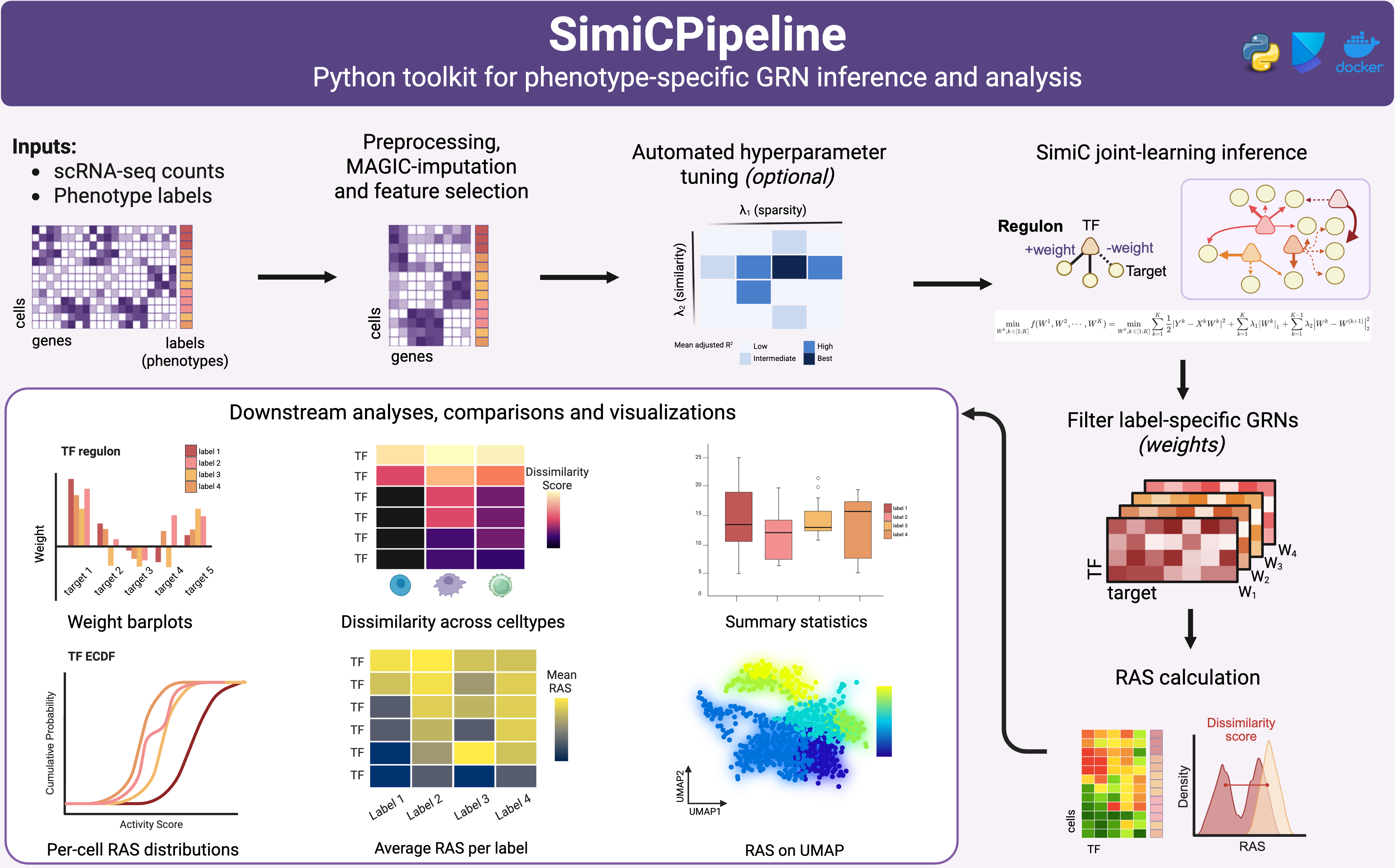 Graphical abstract summarizing the SimiCPipeline workflow from single-cell RNA-seq counts and phenotype labels through preprocessing, hyperparameter tuning, phenotype-specific GRN inference, RAS calculation, and downstream analyses.